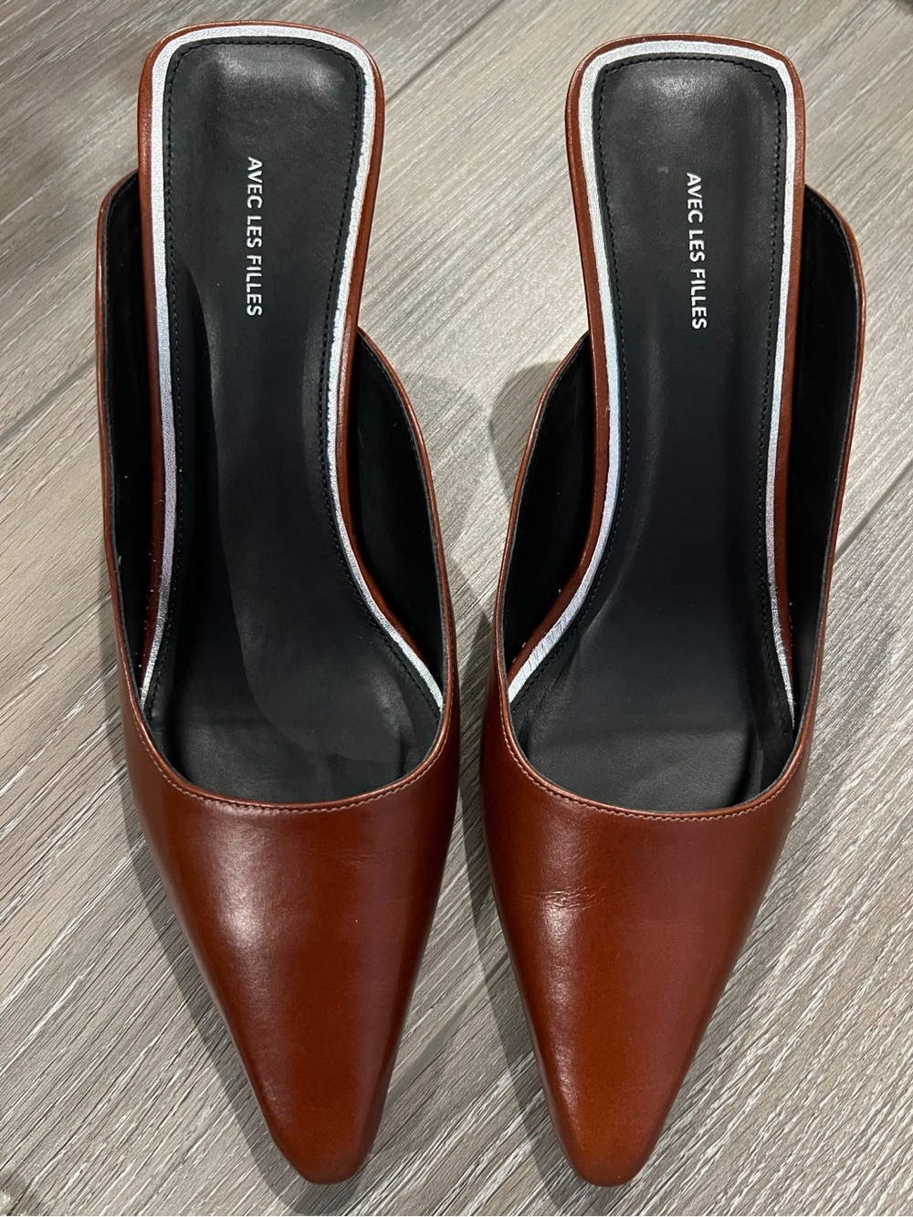 Avec Les Filles Alma Asymmetric Kitten Heel Mule in Cognac